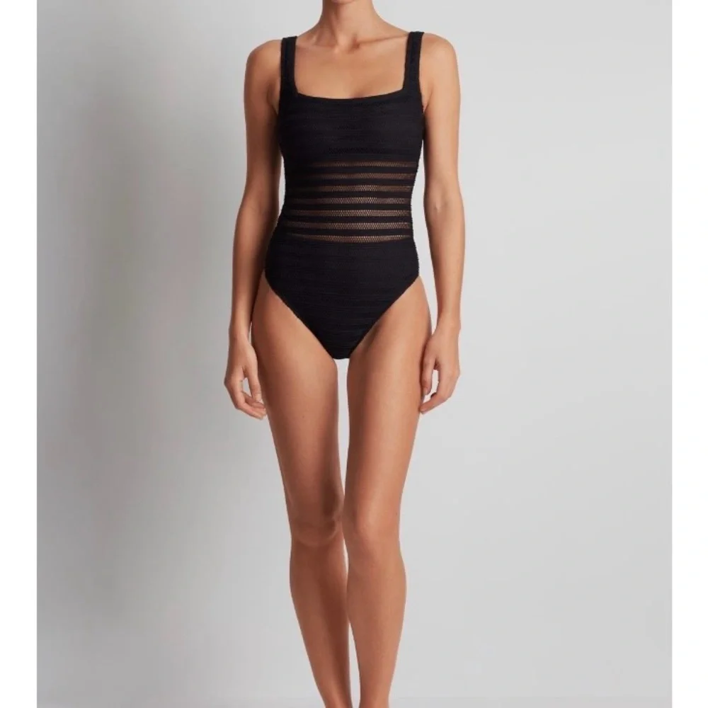 Lauren Ralph Lauren Black Striped Ottoman Mesh One-Piece Swimsuit Size 12